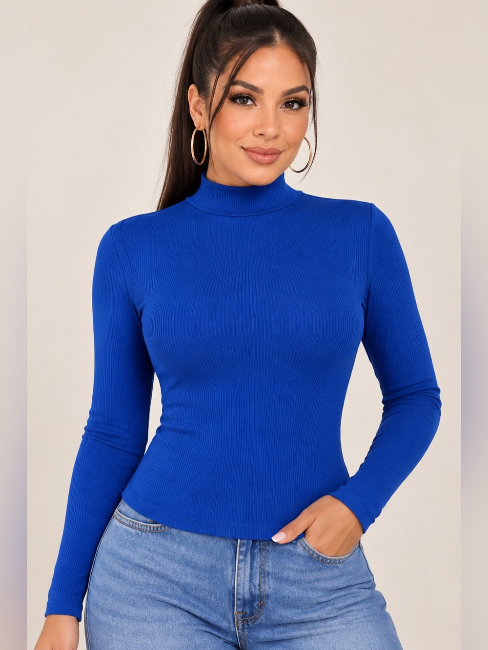 Timing Cobalt Blue Ribbed Mock Neck Long Sleeve Top